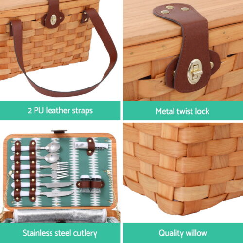 Alfresco 2 Person Picnic Basket Set Wooden Cooler Bag Plates Outdoor Insulated - Image 6