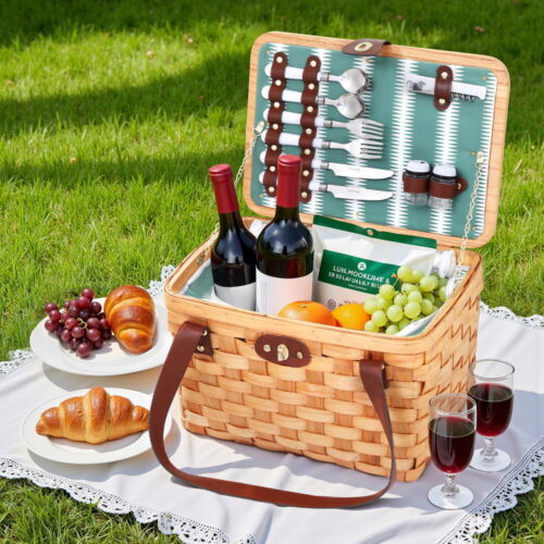 Alfresco 2 Person Picnic Basket Set Wooden Cooler Bag Plates Outdoor Insulated - Image 7