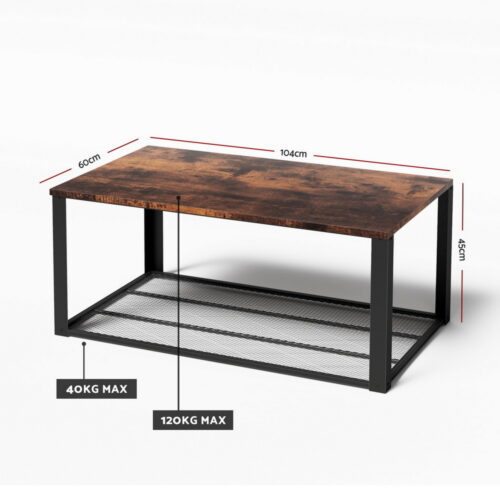 Artiss Coffee Table 2-Tier Rustic Brown 104CM - Image 3