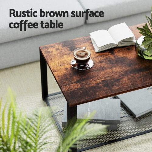Artiss Coffee Table 2-Tier Rustic Brown 104CM - Image 4