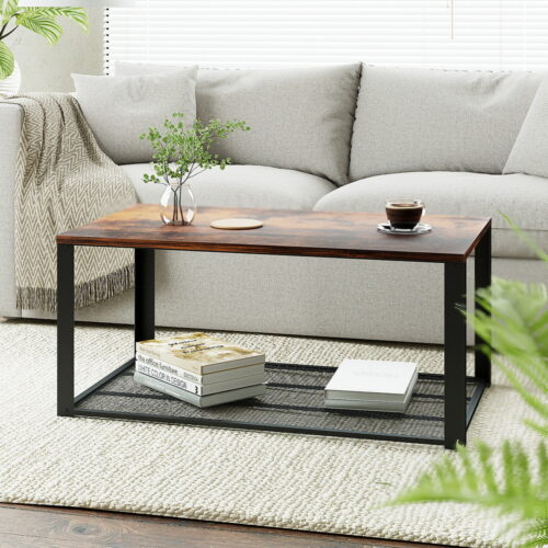 Artiss Coffee Table 2-Tier Rustic Brown 104CM - Image 7