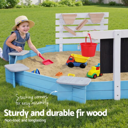 Keezi Kids Sandpit Wooden Round Sand Pit with Cover Funnel Bench Seat Beach Toys 215cm - Image 4