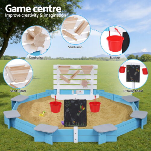 Keezi Kids Sandpit Wooden Round Sand Pit with Cover Funnel Bench Seat Beach Toys 215cm - Image 5