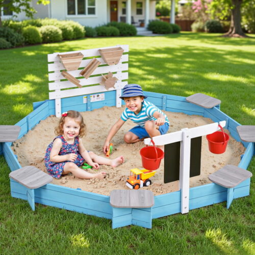 Keezi Kids Sandpit Wooden Round Sand Pit with Cover Funnel Bench Seat Beach Toys 215cm - Image 7