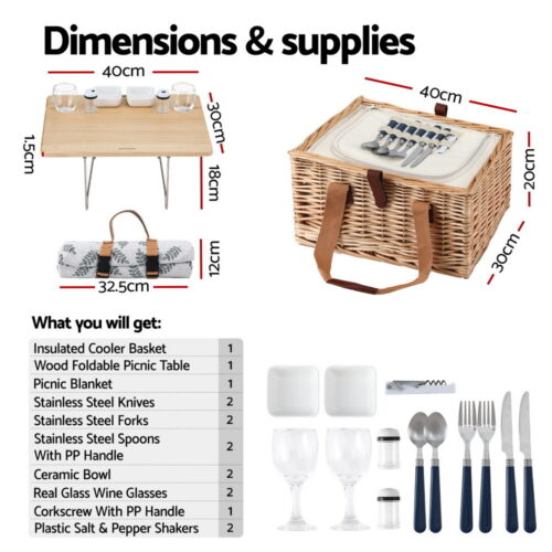 Alfresco 2 Person Picnic Basket Set with Table Blanket Cooler Wooden Insulated - Image 2