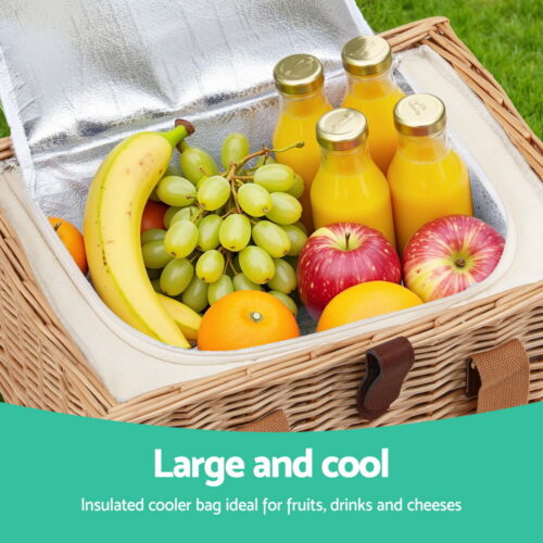 Alfresco 2 Person Picnic Basket Set with Table Blanket Cooler Wooden Insulated - Image 5