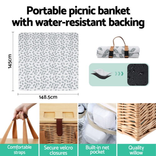Alfresco 2 Person Picnic Basket Set with Table Blanket Cooler Wooden Insulated - Image 6