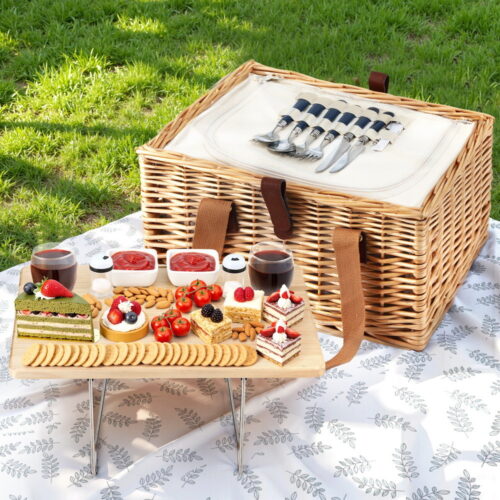Alfresco 2 Person Picnic Basket Set with Table Blanket Cooler Wooden Insulated - Image 7