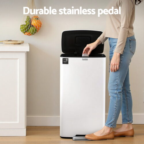Cefito Pedal Bins Rubbish Bin Waste Recycle Dustbins Kitchen Trash Can 40L White - Image 4