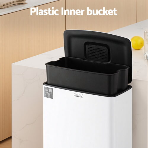 Cefito Pedal Bins Rubbish Bin Waste Recycle Dustbins Kitchen Trash Can 40L White - Image 5
