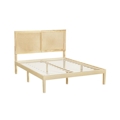 Artiss Bed Frame Double Size with Rattan Headboard Wooden Base Timber Platform - Image 2