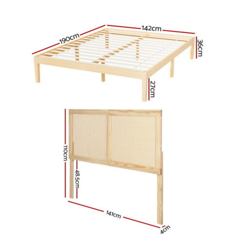 Artiss Bed Frame Double Size with Rattan Headboard Wooden Base Timber Platform - Image 4