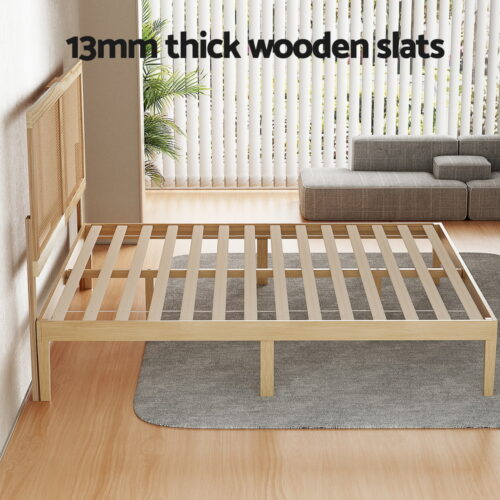Artiss Bed Frame Double Size with Rattan Headboard Wooden Base Timber Platform - Image 5
