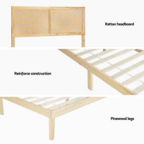 Artiss Bed Frame Double Size with Rattan Headboard Wooden Base Timber Platform - Image 7