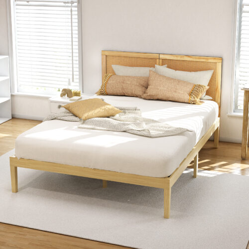 Artiss Bed Frame Double Size with Rattan Headboard Wooden Base Timber Platform