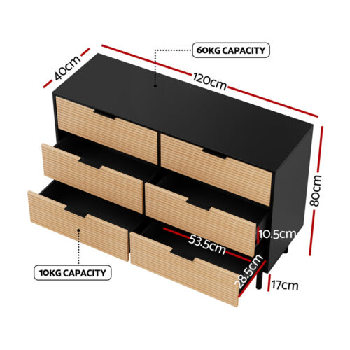 Artiss 6 Chest of Drawers Dresser Table Black Pine - Image 3