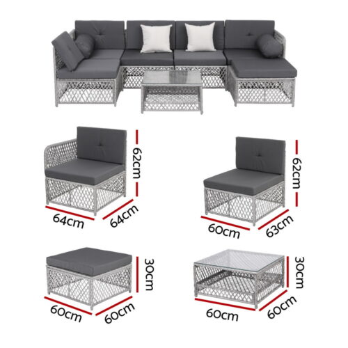 Gardeon 6 Seater Outdoor Sofa Set 7PCS Table Chair Set Garden Rattan Patio Furniture - Image 2
