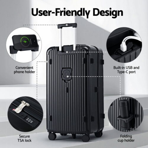 Wanderlite 32" Trunk Luggage Suitcase Travel 5 Wheels Type-C Port TSA Black - Image 5
