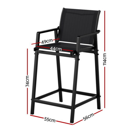 Gardeon 2PC Outdoor Bar Stools Steel Dining Chairs Patio Furniture Garden Black - Image 2