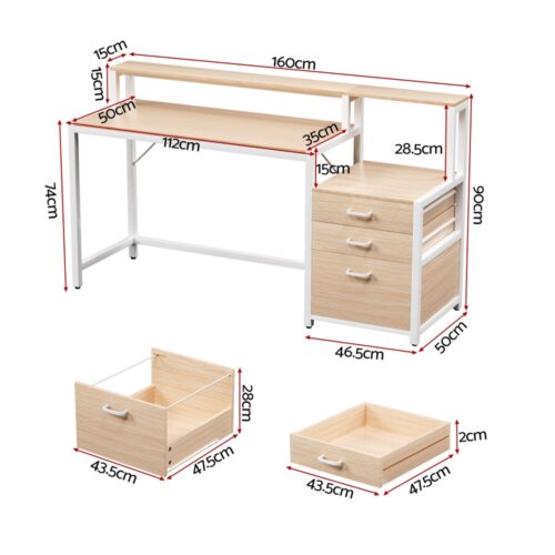 Artiss Computer Desk Home Office Study Table Desks w/Drawers Open Shelf Oak 160CM - Image 2