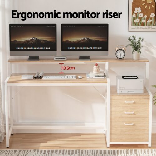 Artiss Computer Desk Home Office Study Table Desks w/Drawers Open Shelf Oak 160CM - Image 5