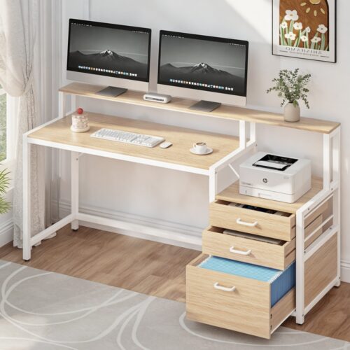 Artiss Computer Desk Home Office Study Table Desks w/Drawers Open Shelf Oak 160CM - Image 7