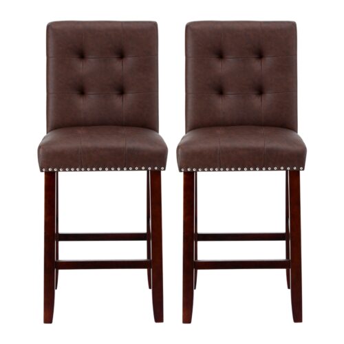 Artiss 2x Bar Stools Kitchen Dining Chairs Counter PU Leather Wooden Ada Brown - Image 3