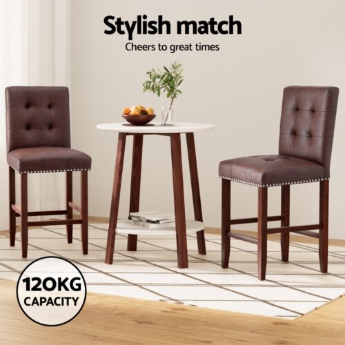 Artiss 2x Bar Stools Kitchen Dining Chairs Counter PU Leather Wooden Ada Brown - Image 4