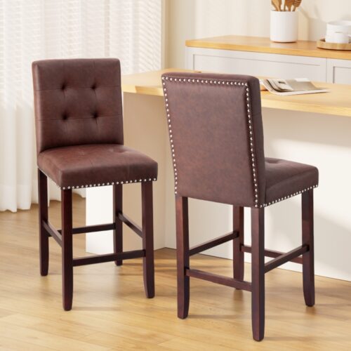 Artiss 2x Bar Stools Kitchen Dining Chairs Counter PU Leather Wooden Ada Brown - Image 7