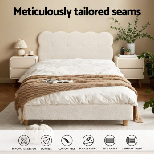 Artiss King Single Bed Frame Cloud Headboard Boucle Fabric Mattress Platform Base White - Image 4