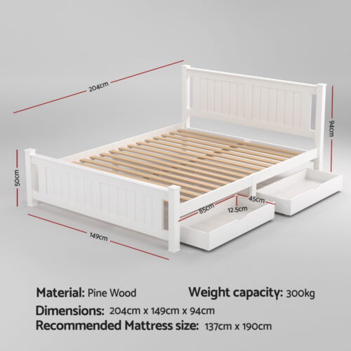 Artiss Bed Frame Double Size Wooden Platform with 2 Storage Drawers White RIO - Image 2