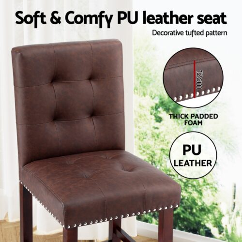 Artiss 4x Bar Stools Kitchen Dining Chairs Counter PU Leather Wooden Ada Brown - Image 5