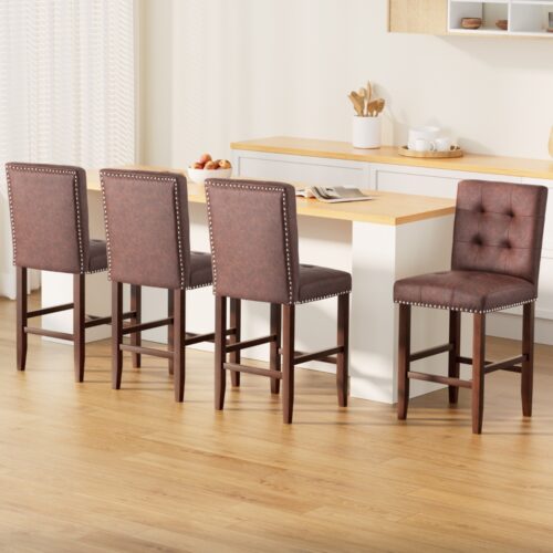 Artiss 4x Bar Stools Kitchen Dining Chairs Counter PU Leather Wooden Ada Brown - Image 7
