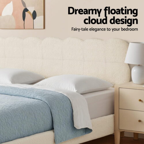 Artiss Queen Bed Frame Cloud Headboard Boucle Fabric Mattress Platform Base White - Image 5