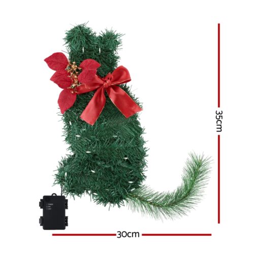 Jingle Jollys Cat Christmas Wreath Pre-lit 20 LED Xmas Decor Bow Flower 35x30cm - Image 2