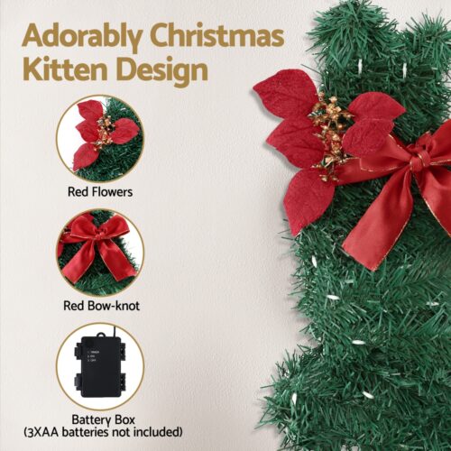 Jingle Jollys Cat Christmas Wreath Pre-lit 20 LED Xmas Decor Bow Flower 35x30cm - Image 4