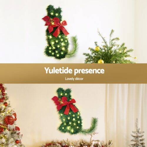 Jingle Jollys Cat Christmas Wreath Pre-lit 20 LED Xmas Decor Bow Flower 35x30cm - Image 5