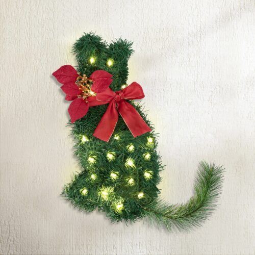 Jingle Jollys Cat Christmas Wreath Pre-lit 20 LED Xmas Decor Bow Flower 35x30cm - Image 7