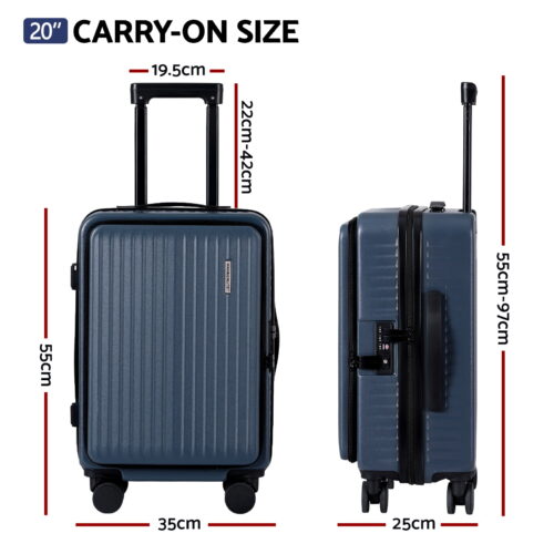Wanderlite 20" Luggage Suitcase Front Pocket Travel Carry On Dual TSA Navy - Image 2