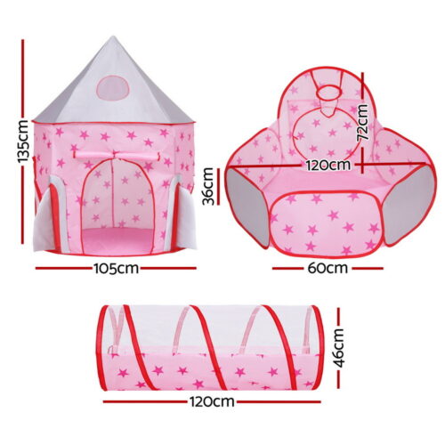Keezi Kids Playhouse Play Tent Pop Up Castle Crawl Tunnel Basketball Hoop Pink - Image 2
