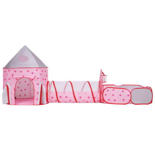 Keezi Kids Playhouse Play Tent Pop Up Castle Crawl Tunnel Basketball Hoop Pink - Image 3