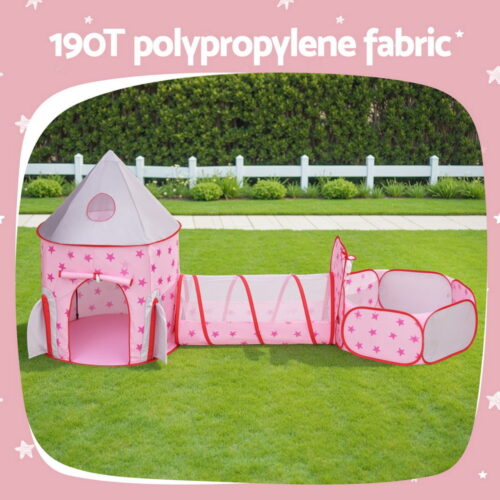 Keezi Kids Playhouse Play Tent Pop Up Castle Crawl Tunnel Basketball Hoop Pink - Image 4