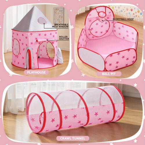 Keezi Kids Playhouse Play Tent Pop Up Castle Crawl Tunnel Basketball Hoop Pink - Image 5
