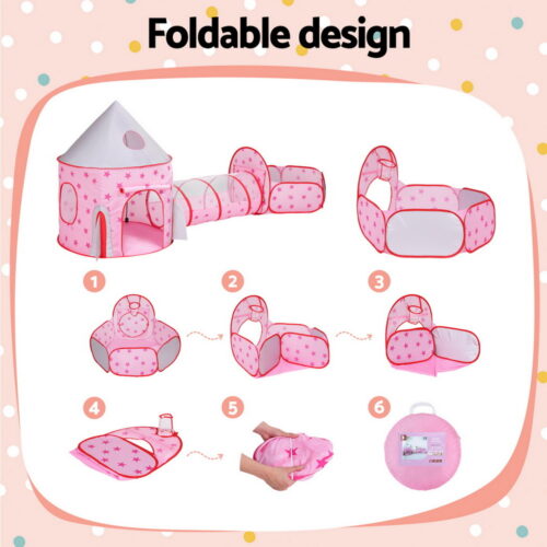 Keezi Kids Playhouse Play Tent Pop Up Castle Crawl Tunnel Basketball Hoop Pink - Image 6