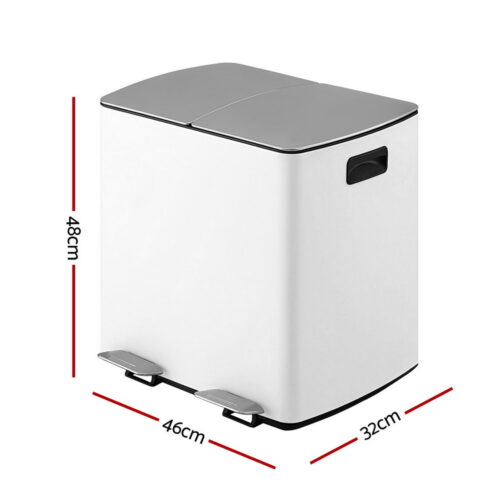 Cefito Pedal Bins Rubbish Bin Dual Compartment Waste Recycle Dustbins 40L White - Image 2