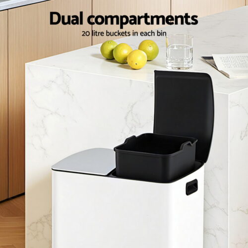 Cefito Pedal Bins Rubbish Bin Dual Compartment Waste Recycle Dustbins 40L White - Image 4