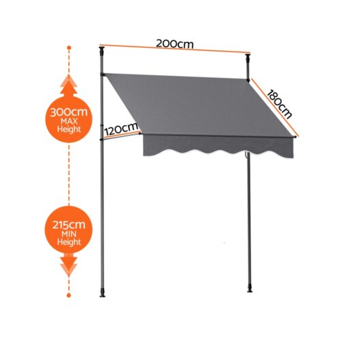 Instahut Window Fixed Pivot Arm Awning Outdoor Door Canopy 2X1.8M Grey - Image 2