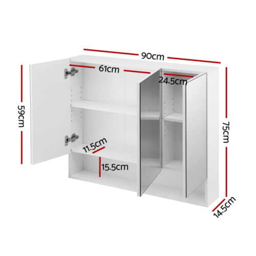 Cefito Bathroom Mirror Cabinet Medicine Adjustable Shelves Wall Hung 900x750mm White - Image 2