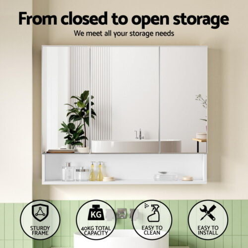 Cefito Bathroom Mirror Cabinet Medicine Adjustable Shelves Wall Hung 900x750mm White - Image 4
