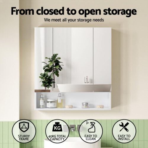 Cefito Bathroom Mirror Cabinet Medicine Adjustable Shelves Wall Hung 700x750mm White - Image 4